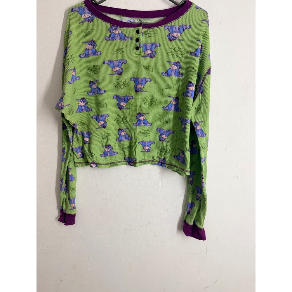 Disney Eeyore Waffle Knit Henley Top XL Green Purple Cropped Long Sleeve Thermal